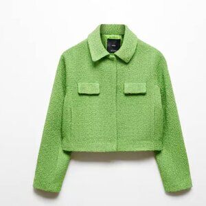Mango Green Pockets Detail Cropped Tweed Jacket, Size S